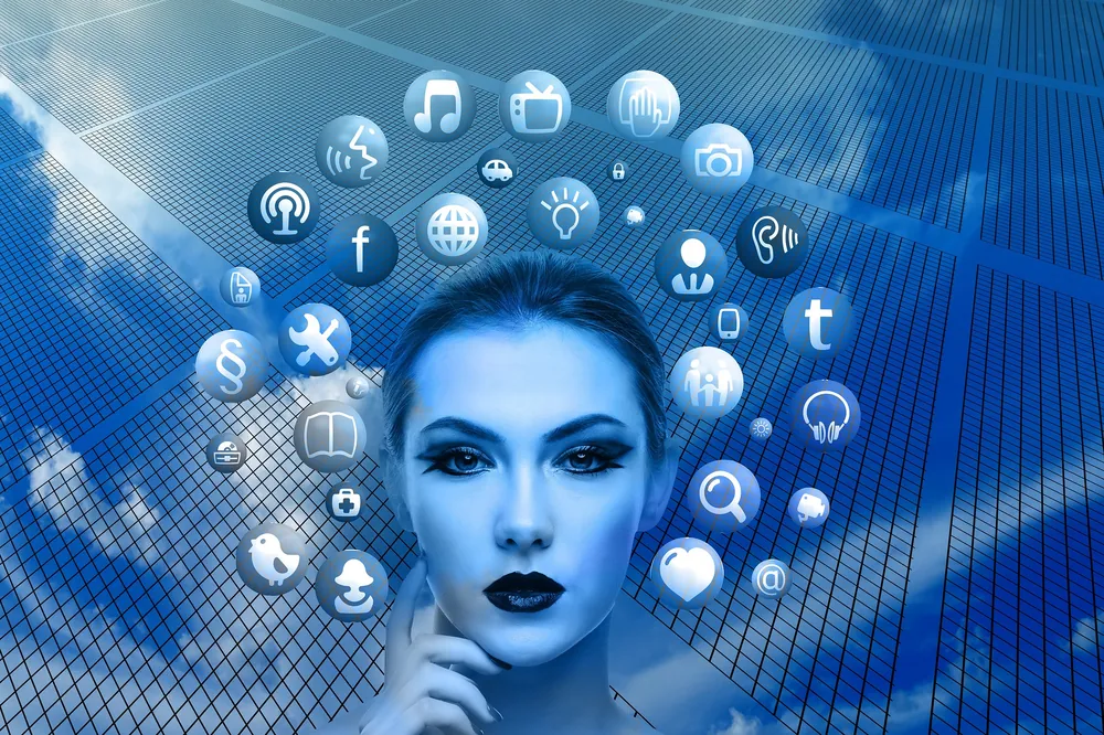A person surrounded by connected social, search and web platform icons, representing an integrated online presence
